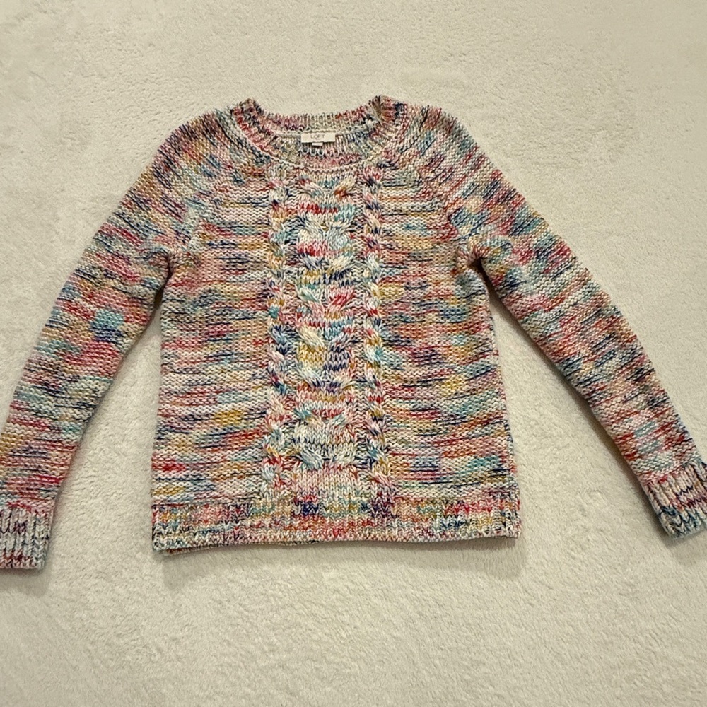 LOFT Multicolor Knit Sweater Size M Cozy Chunky Cable Knit Crewneck - Picture 2 of 15